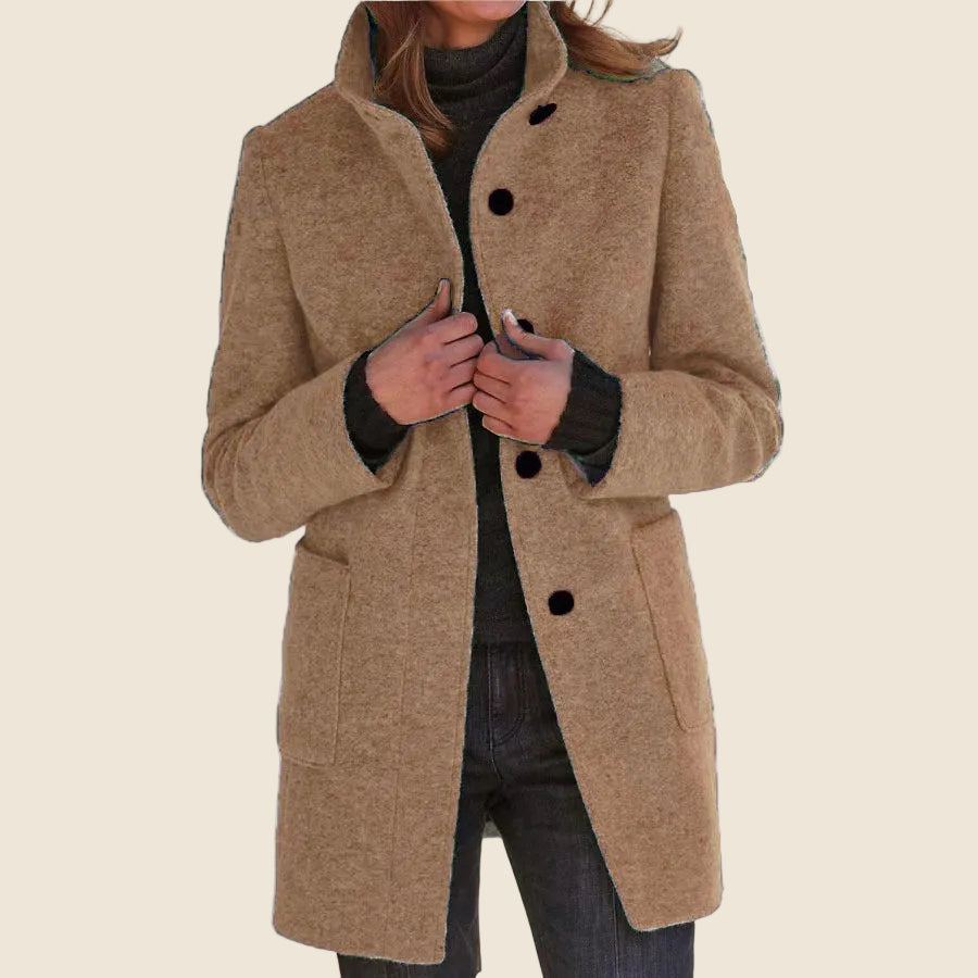 Women's Mid-Length Blend Coat with Stand Collar and Patch Pockets