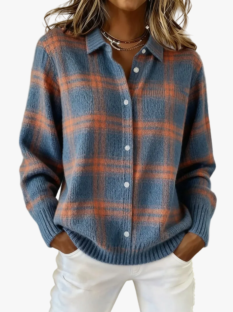 Women's Brushed Knit Blouse with Button Placket and Collar