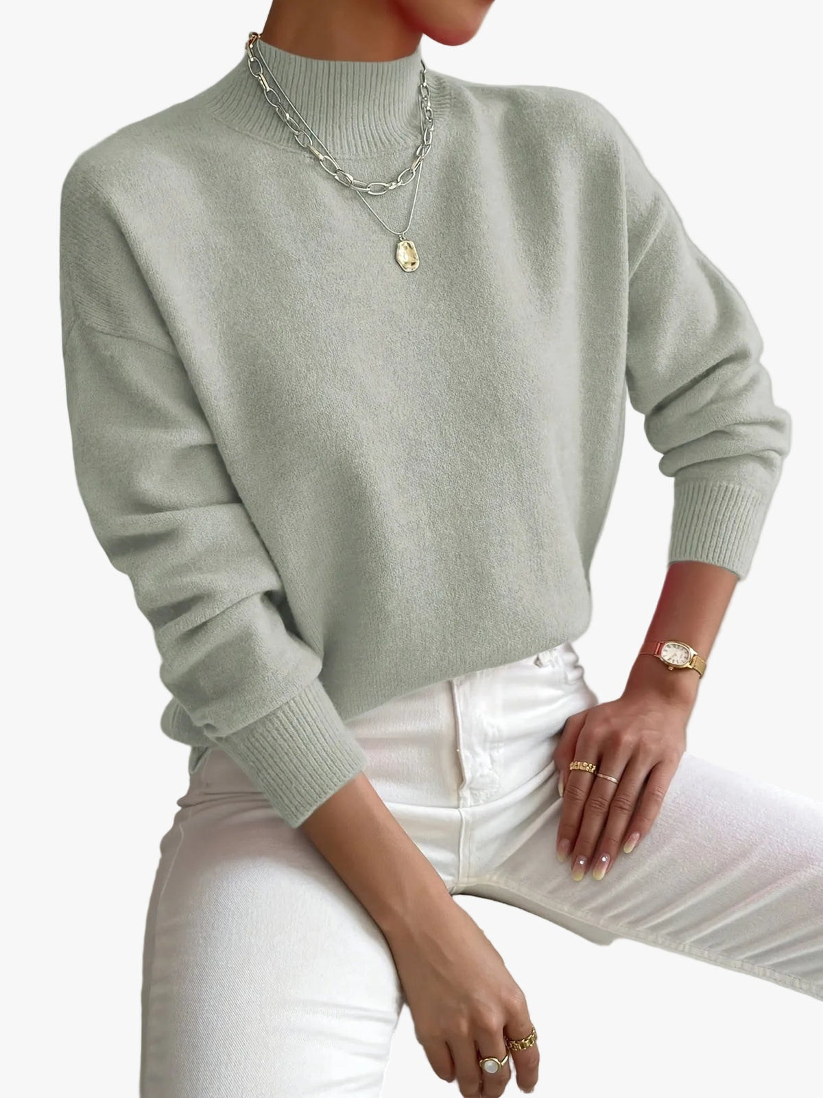 Women's Casual Knit Sweater with Turtleneck and Ribbed Trim