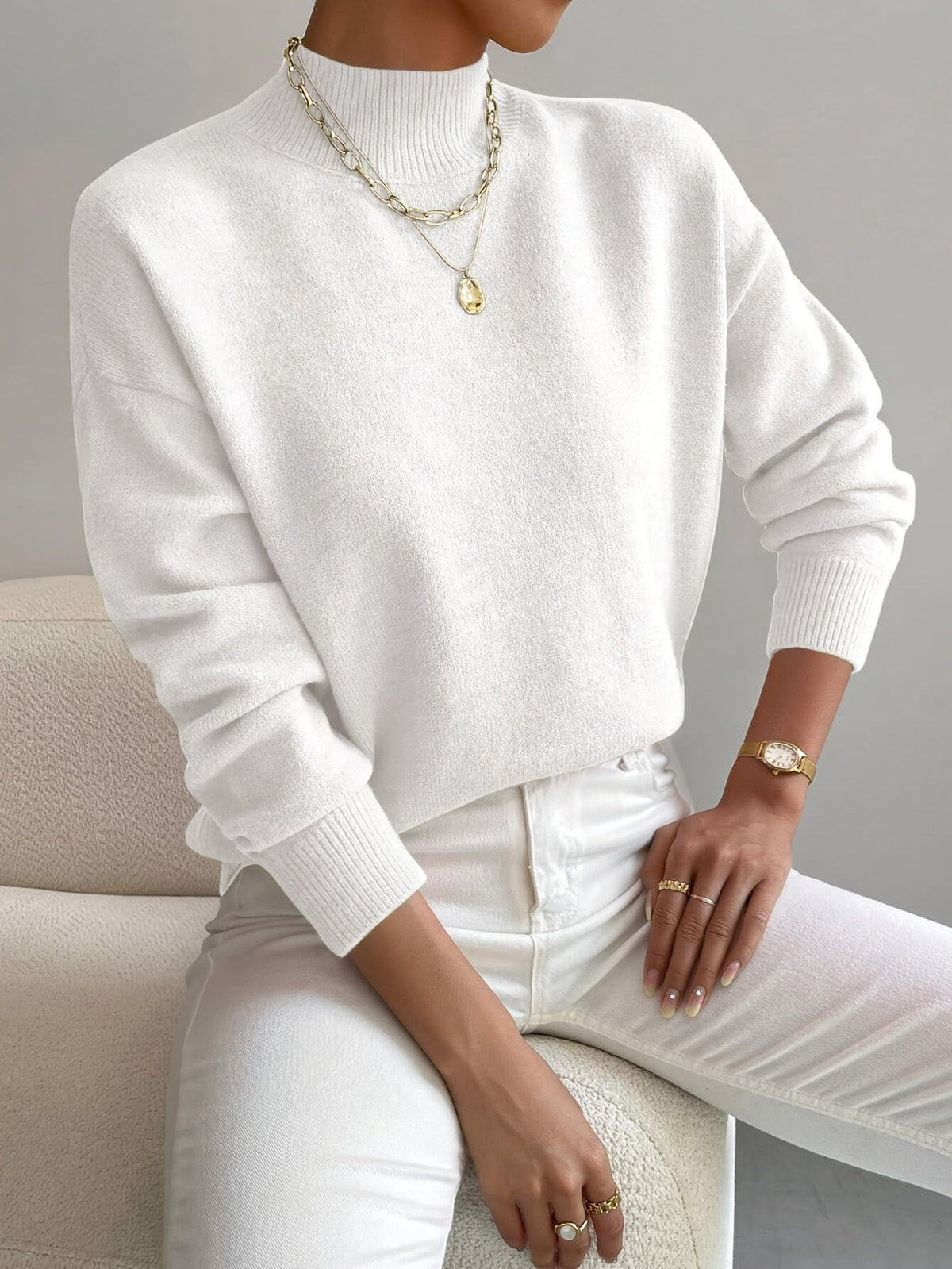 Women's Casual Knit Sweater with Turtleneck and Ribbed Trim