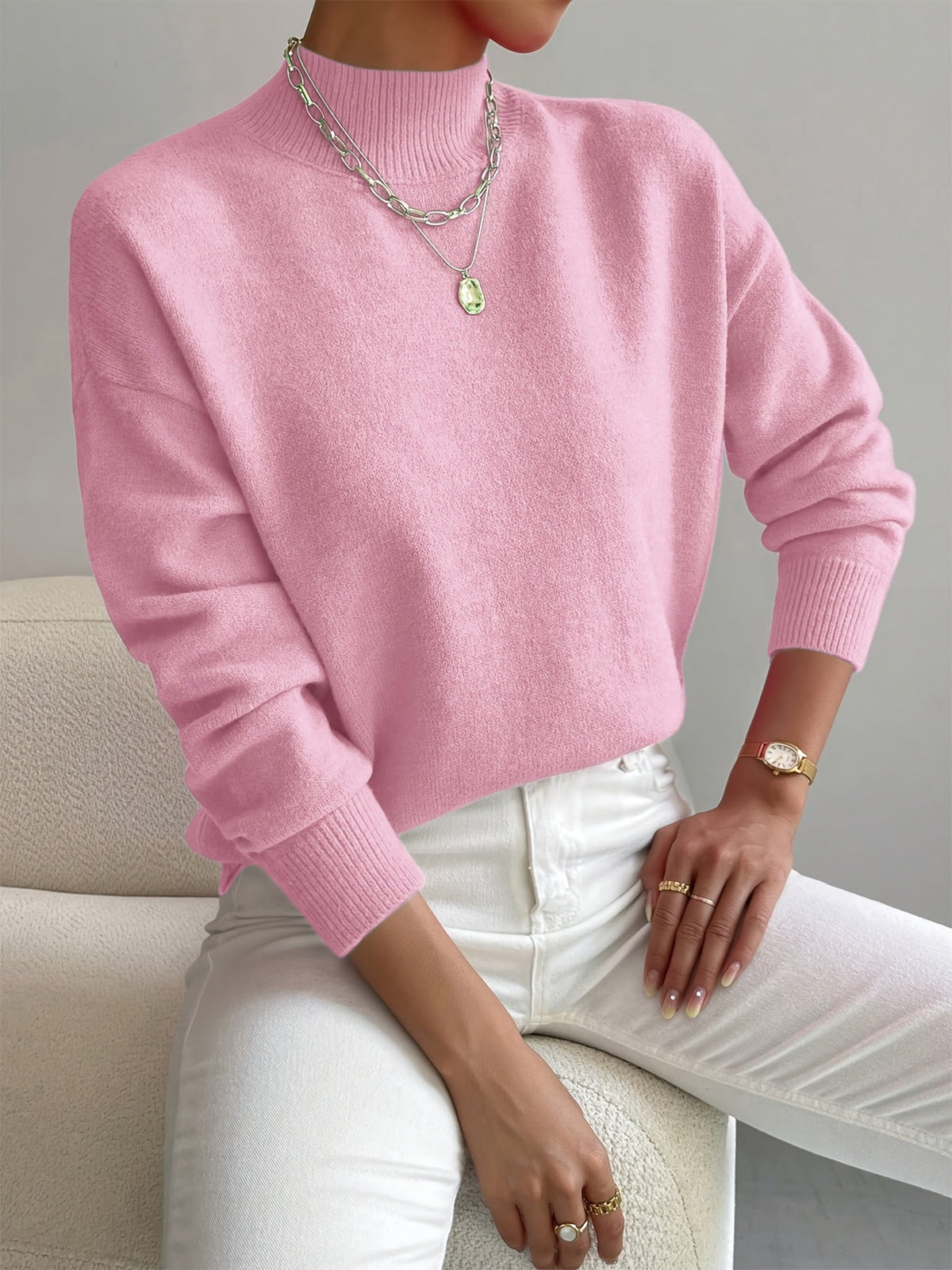 Women's Casual Knit Sweater with Turtleneck and Ribbed Trim
