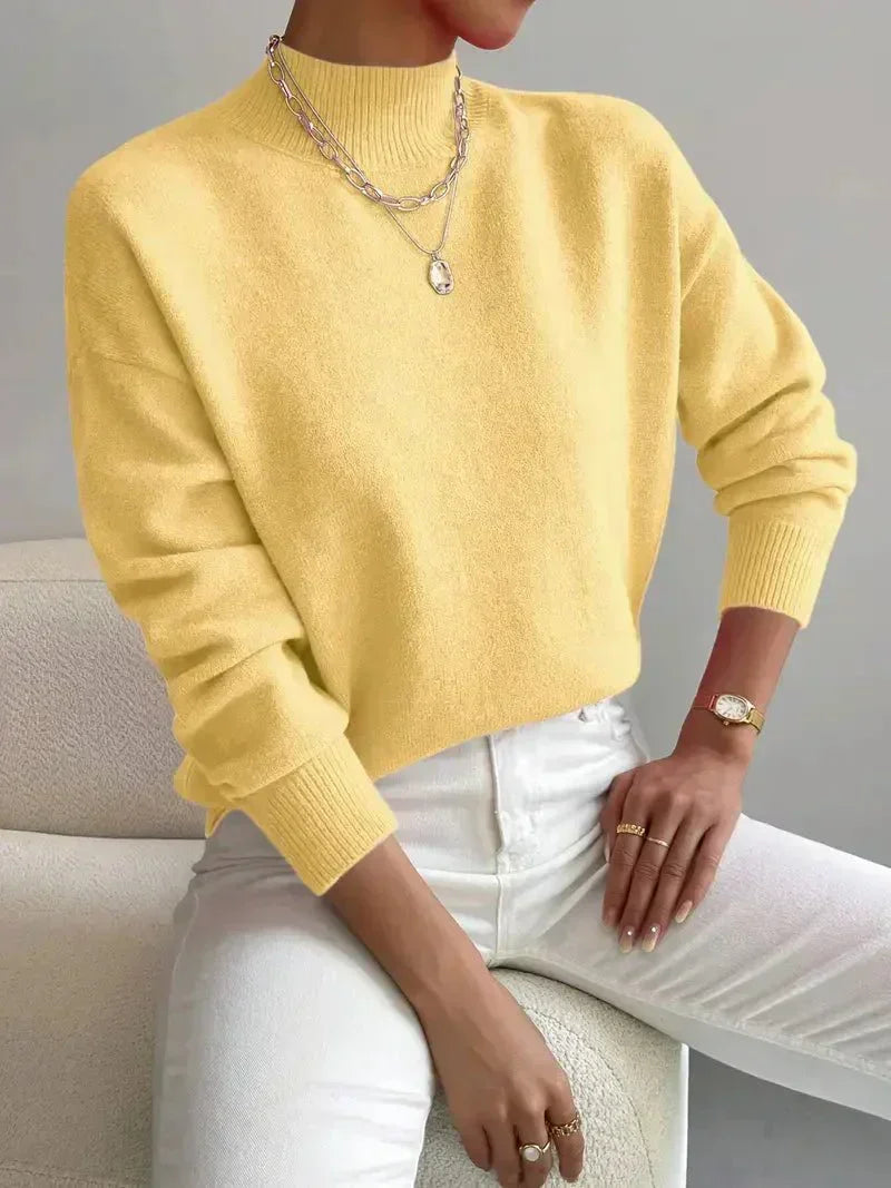 Women's Casual Knit Sweater with Turtleneck and Ribbed Trim