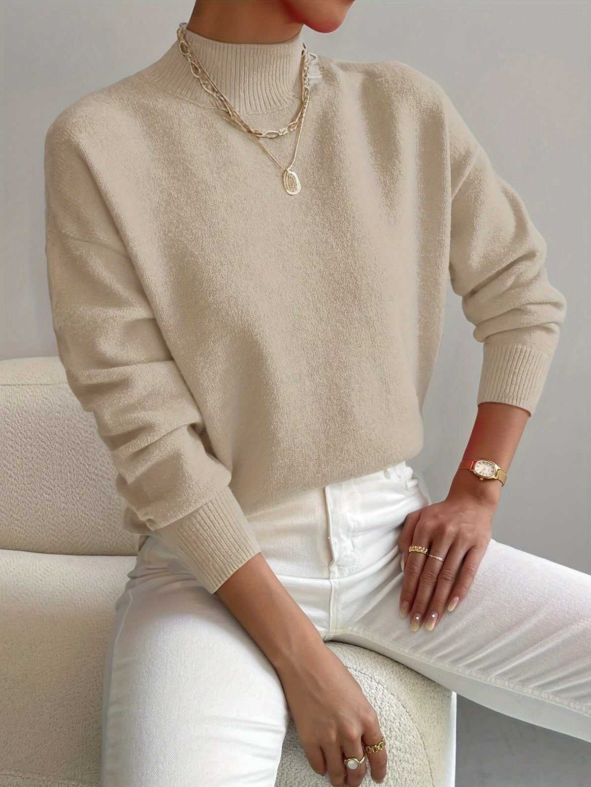 Women's Casual Knit Sweater with Turtleneck and Ribbed Trim