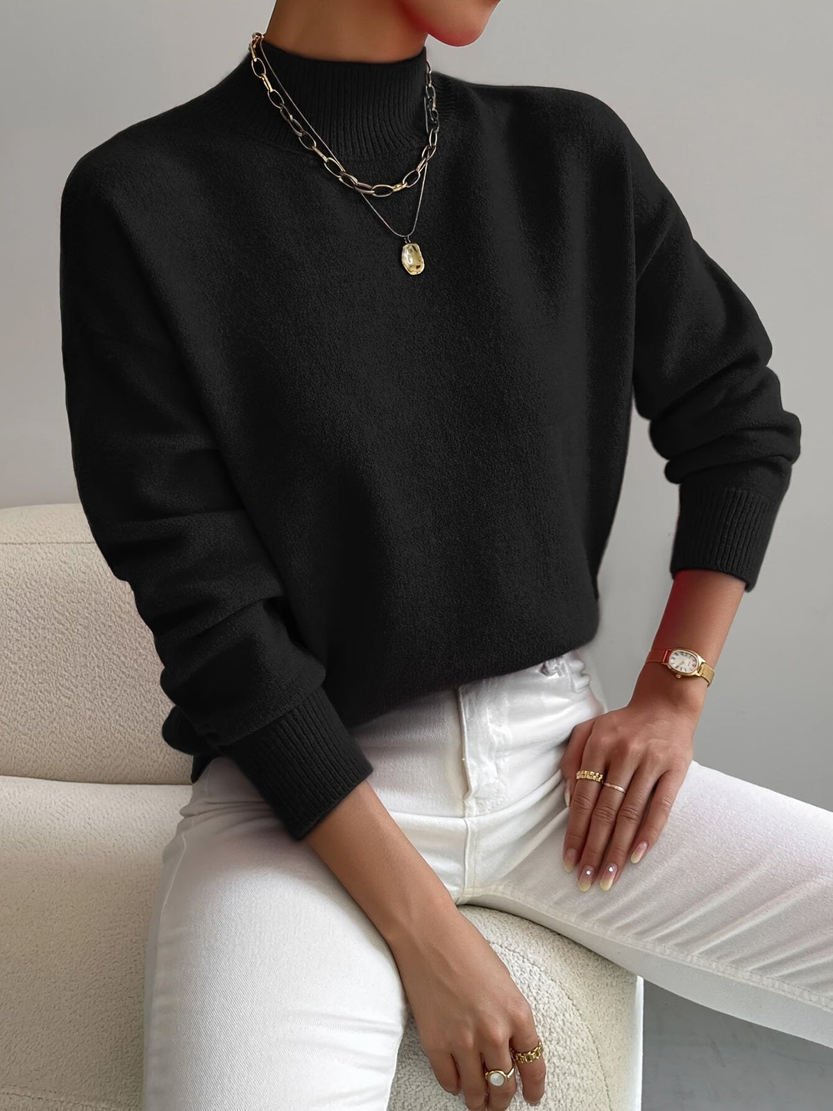 Women's Casual Knit Sweater with Turtleneck and Ribbed Trim