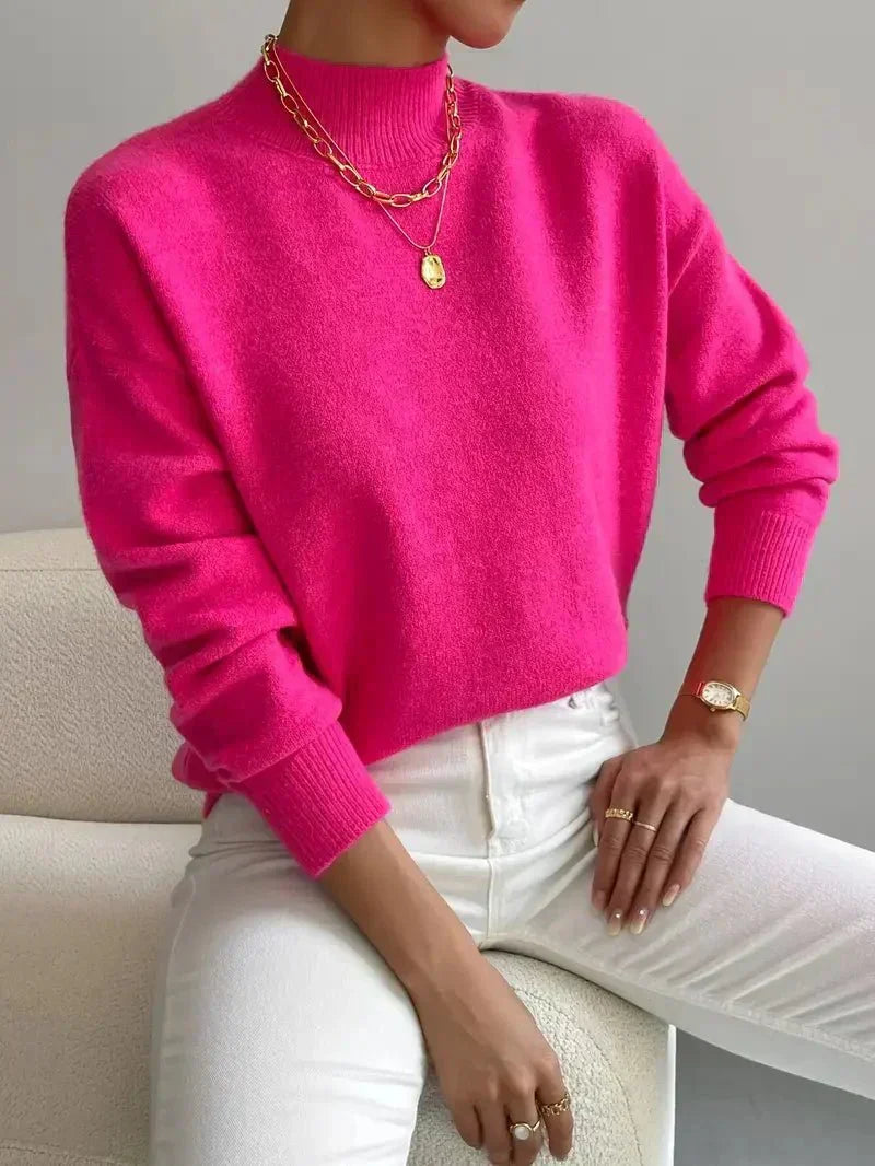 Women's Casual Knit Sweater with Turtleneck and Ribbed Trim