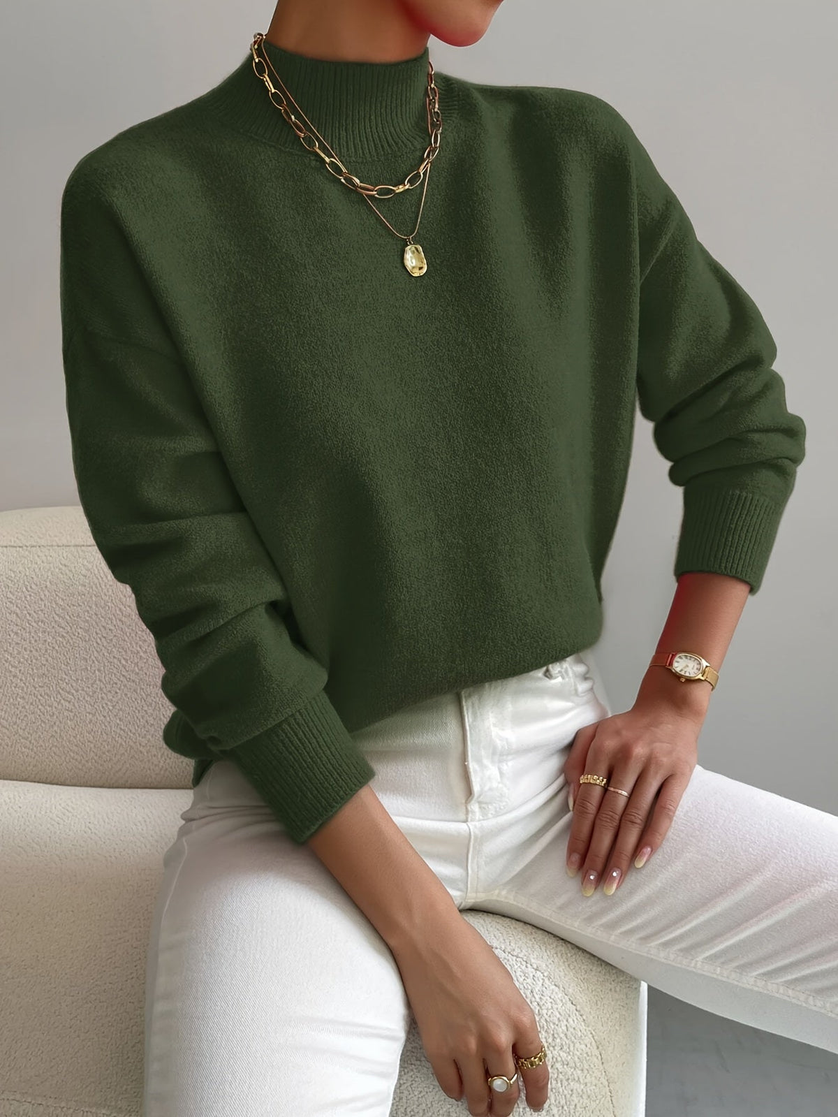 Women's Casual Knit Sweater with Turtleneck and Ribbed Trim