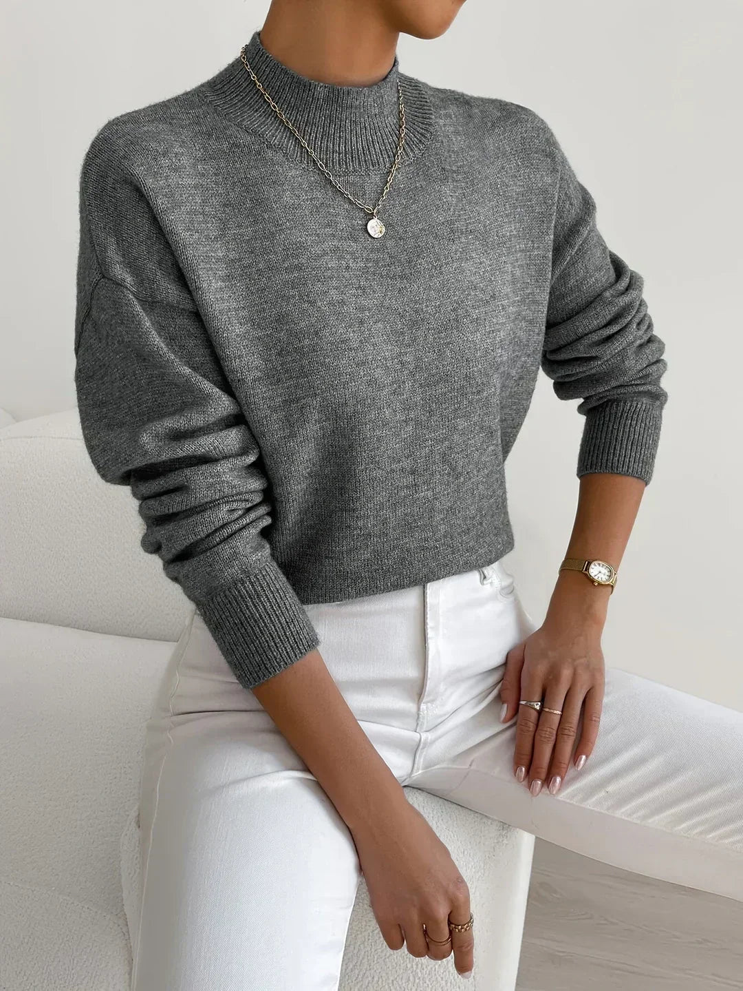 Women's Casual Knit Sweater with Turtleneck and Ribbed Trim