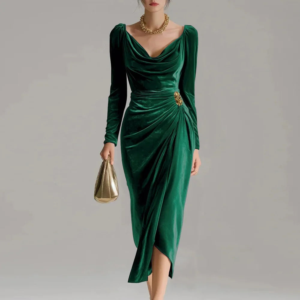 Women's Evening Midi Dress with Velour Finish and Draped Neckline