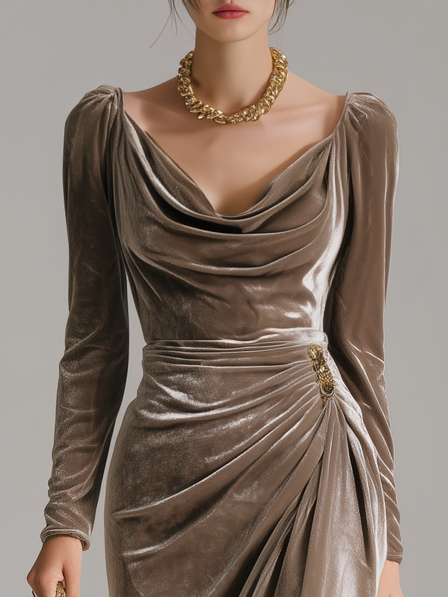 Women's Evening Midi Dress with Velour Finish and Draped Neckline