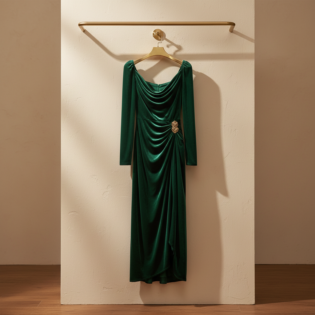 Women's Evening Midi Dress with Velour Finish and Draped Neckline