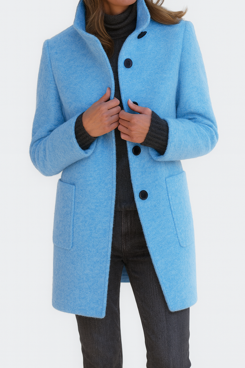 Women's Mid-Length Blend Coat with Stand Collar and Patch Pockets