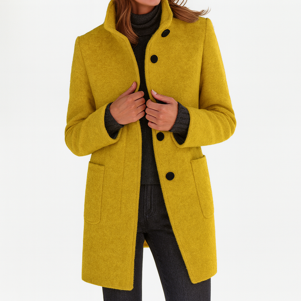 Women's Mid-Length Blend Coat with Stand Collar and Patch Pockets