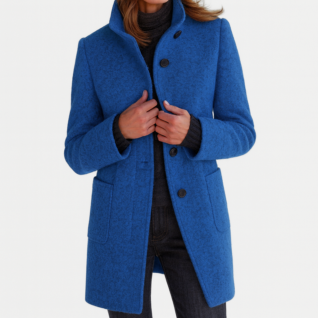 Women's Mid-Length Blend Coat with Stand Collar and Patch Pockets