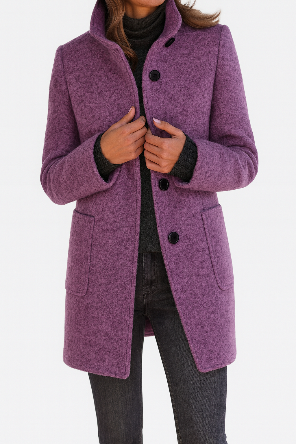 Women's Mid-Length Blend Coat with Stand Collar and Patch Pockets