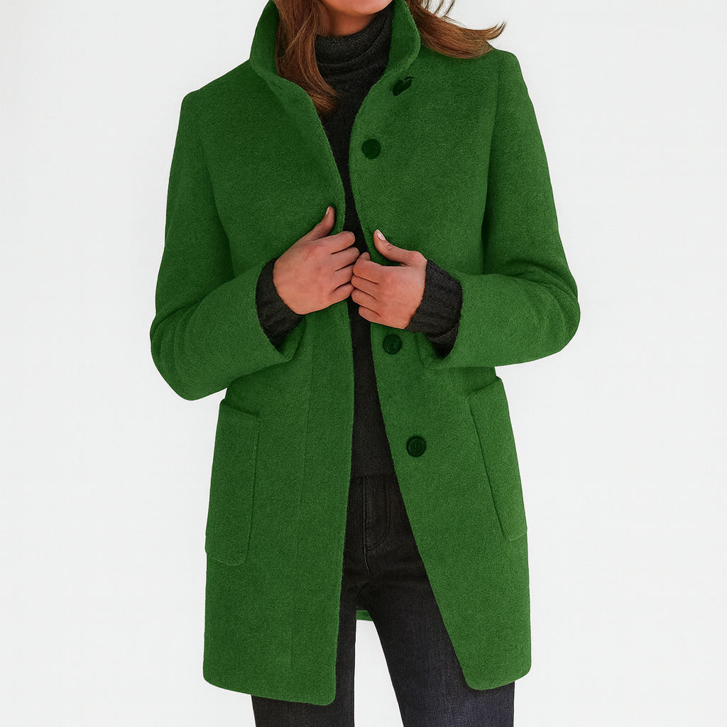 Women's Mid-Length Blend Coat with Stand Collar and Patch Pockets