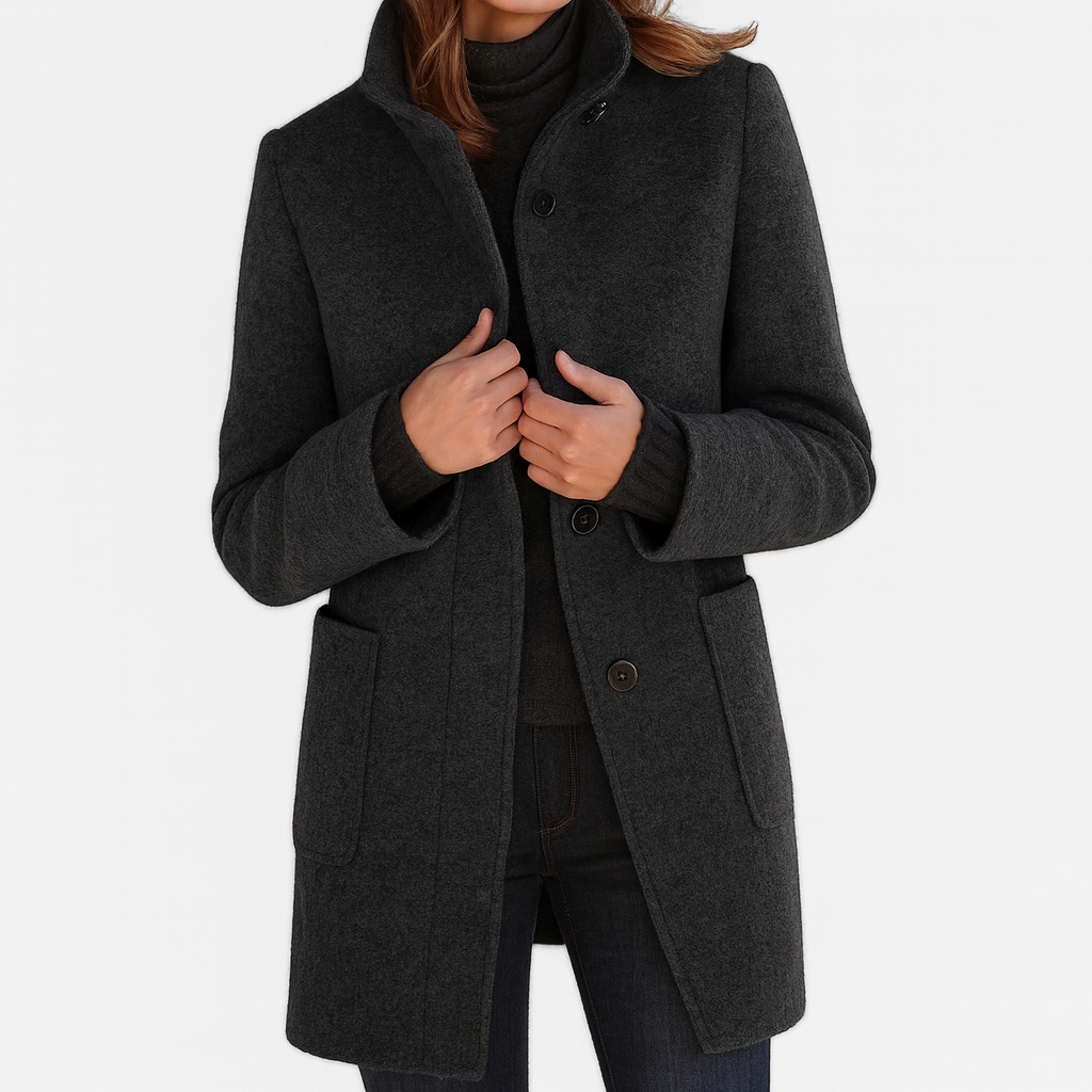 Women's Mid-Length Blend Coat with Stand Collar and Patch Pockets
