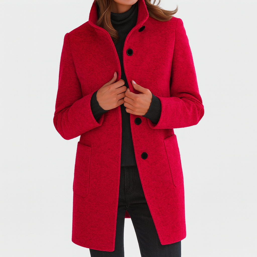 Women's Mid-Length Blend Coat with Stand Collar and Patch Pockets
