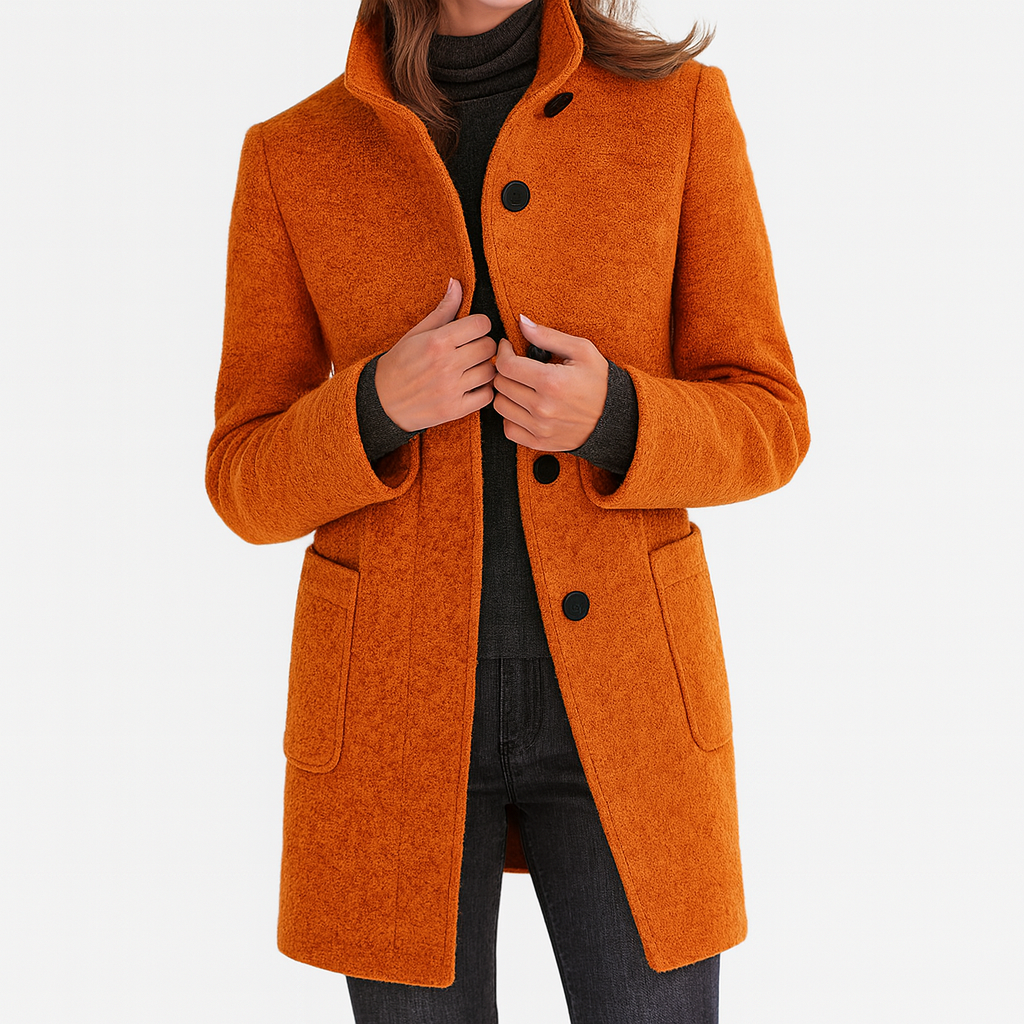 Women's Mid-Length Blend Coat with Stand Collar and Patch Pockets