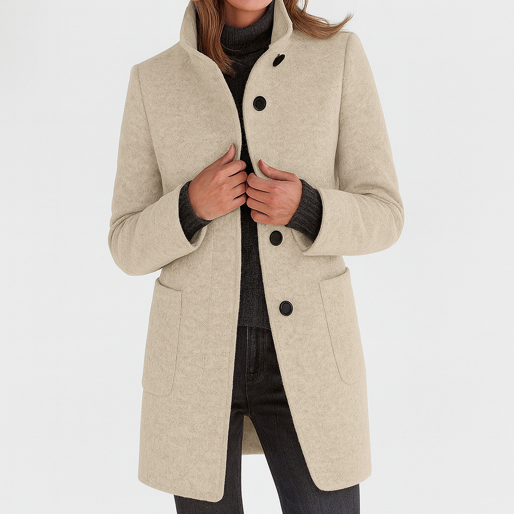 Women's Mid-Length Blend Coat with Stand Collar and Patch Pockets