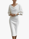 Women's Ribbed Knit Midi Dress with Cowl Neck and Back Slit
