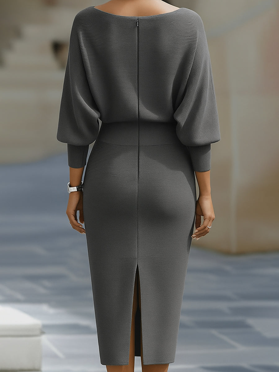 Women's Ribbed Knit Midi Dress with Cowl Neck and Back Slit