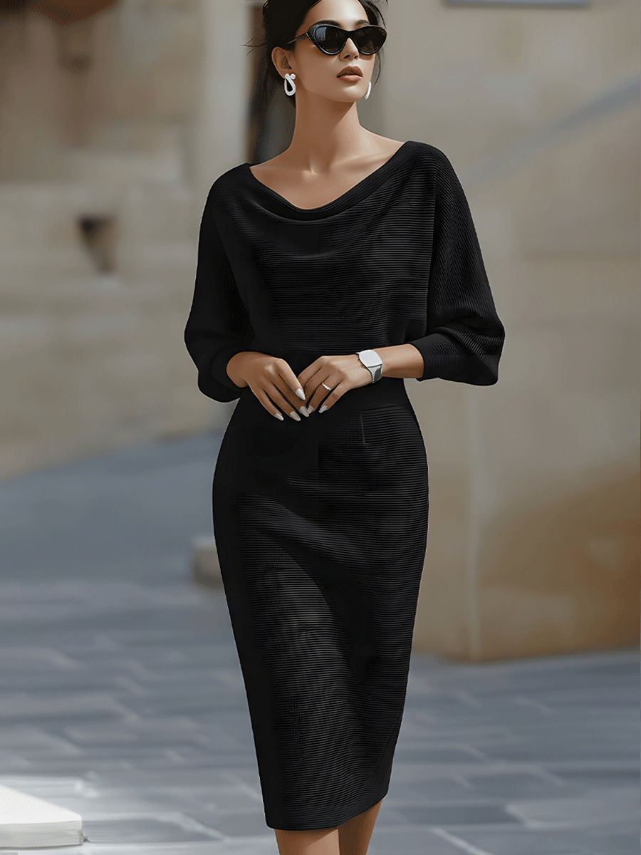 Women's Ribbed Knit Midi Dress with Cowl Neck and Back Slit