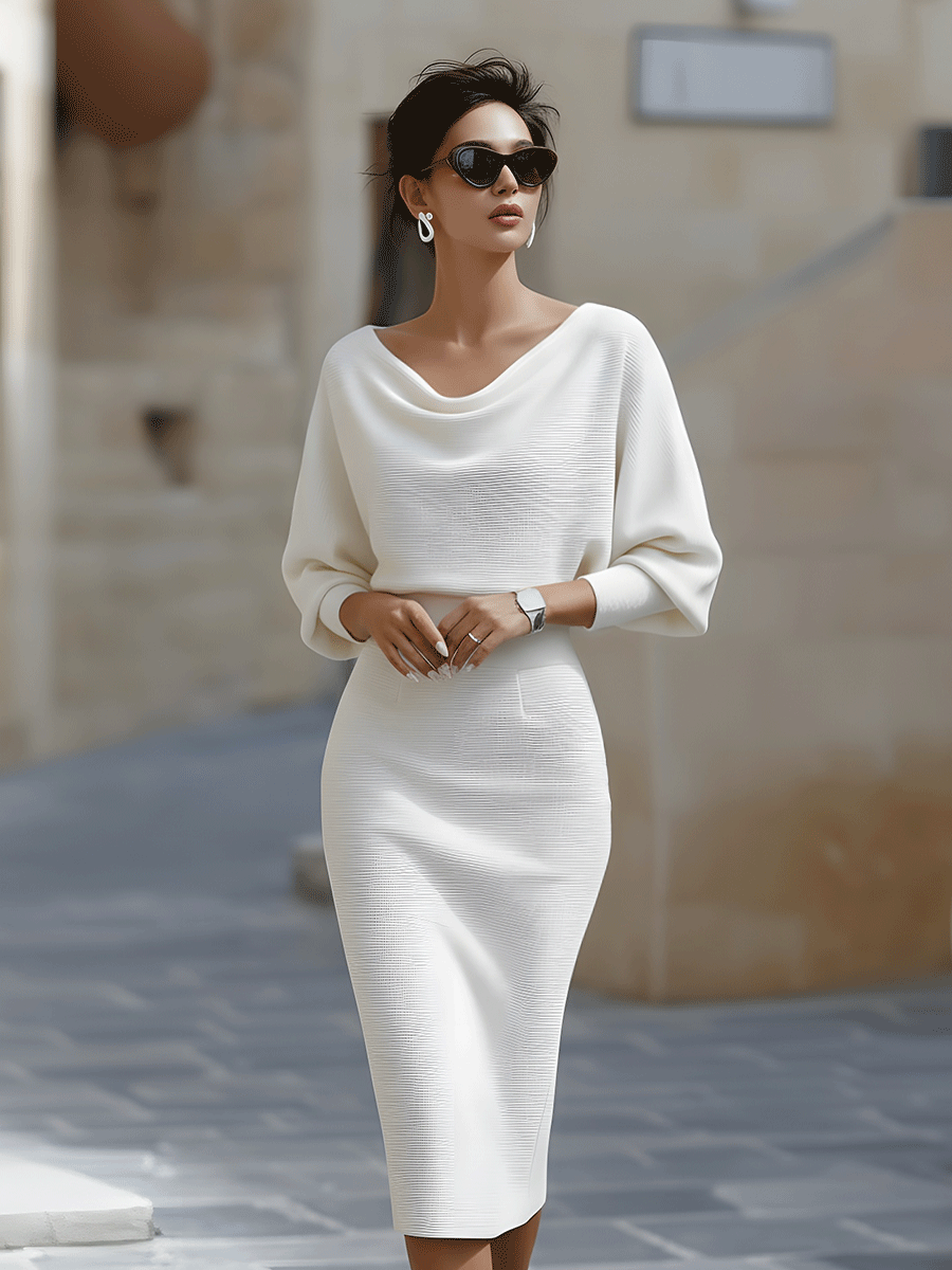 Women's Ribbed Knit Midi Dress with Cowl Neck and Back Slit