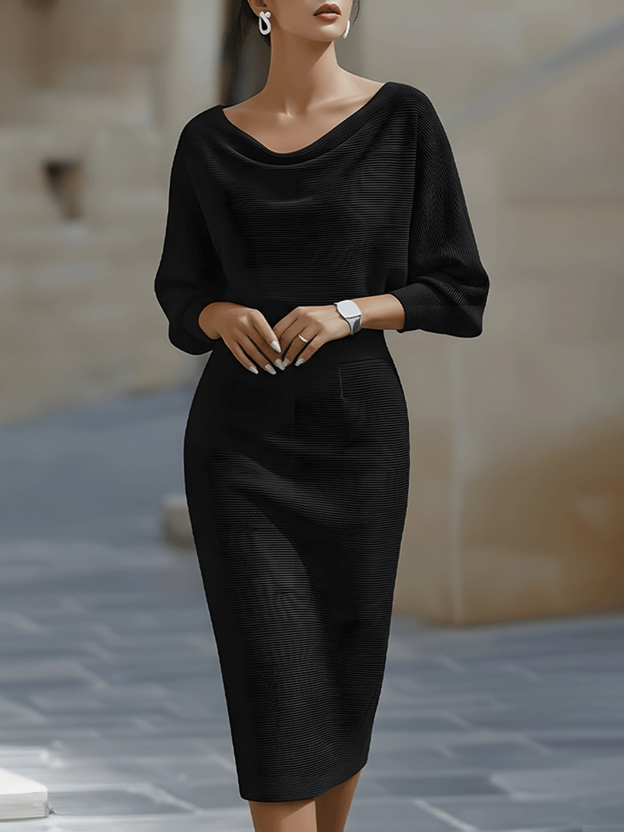 Women's Ribbed Knit Midi Dress with Cowl Neck and Back Slit