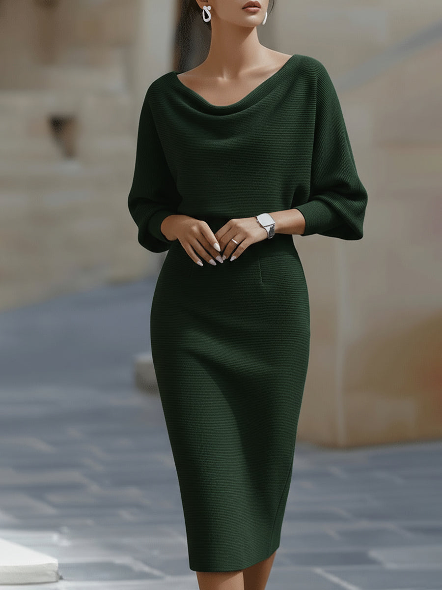 Women's Ribbed Knit Midi Dress with Cowl Neck and Back Slit