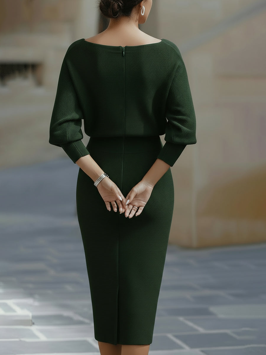 Women's Ribbed Knit Midi Dress with Cowl Neck and Back Slit