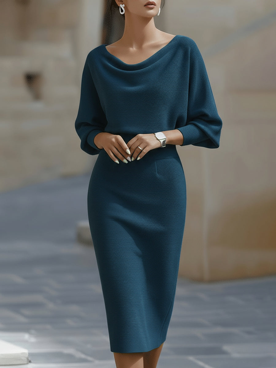 Women's Ribbed Knit Midi Dress with Cowl Neck and Back Slit