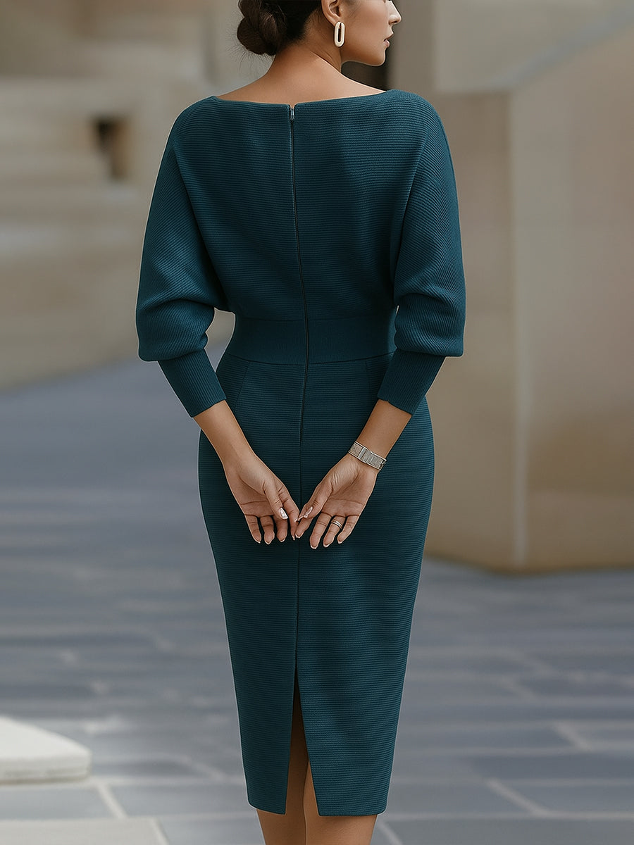 Women's Ribbed Knit Midi Dress with Cowl Neck and Back Slit