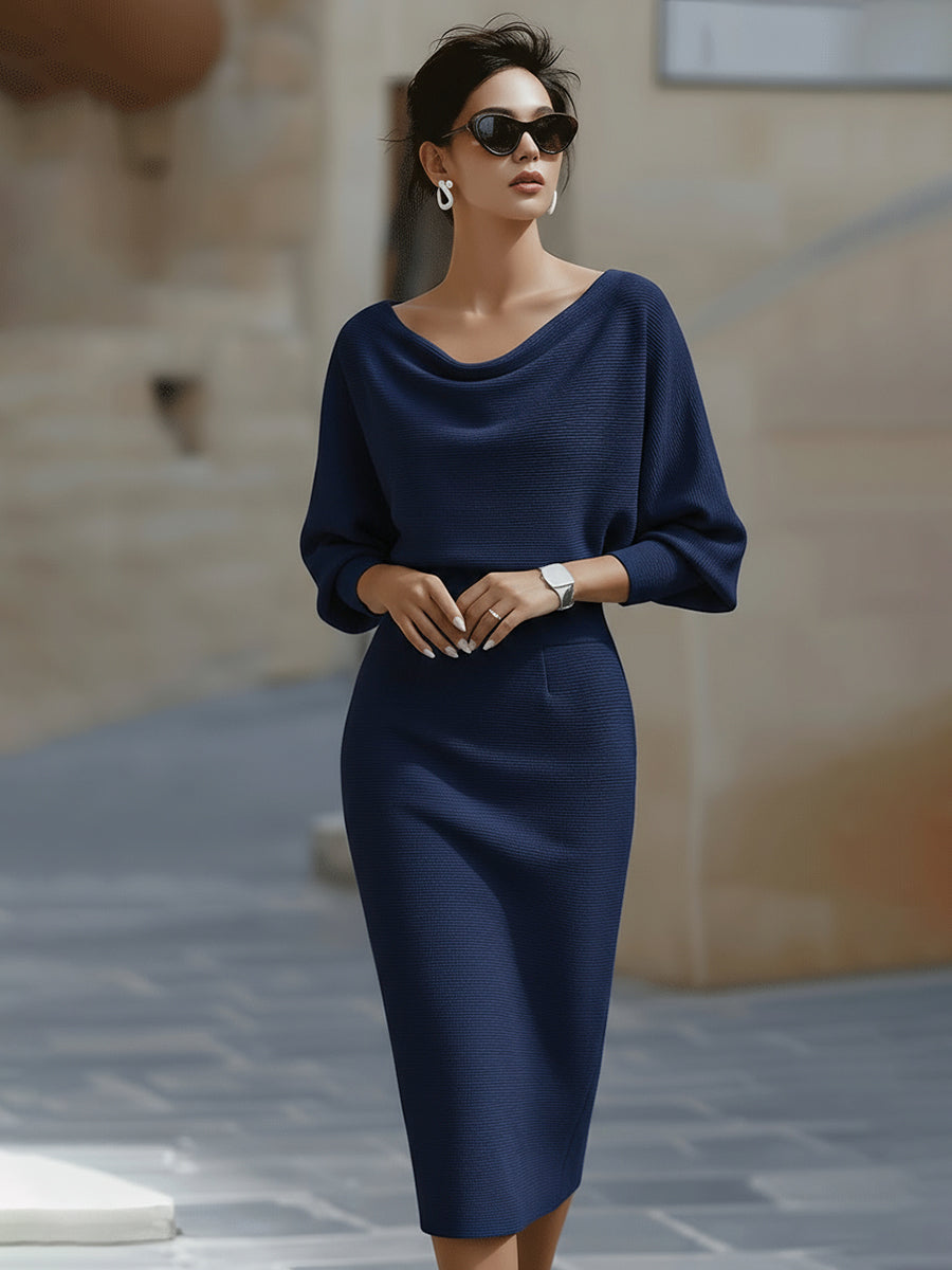 Women's Ribbed Knit Midi Dress with Cowl Neck and Back Slit