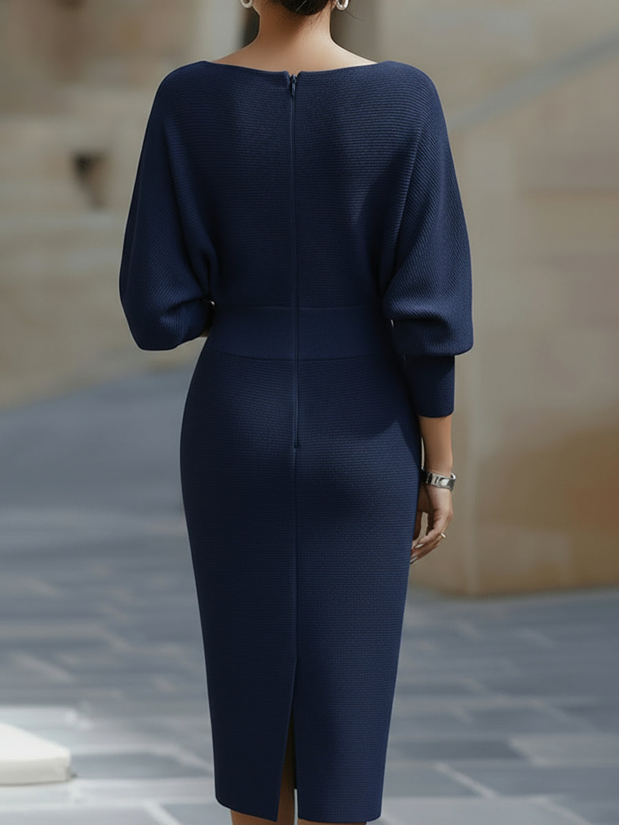 Women's Ribbed Knit Midi Dress with Cowl Neck and Back Slit