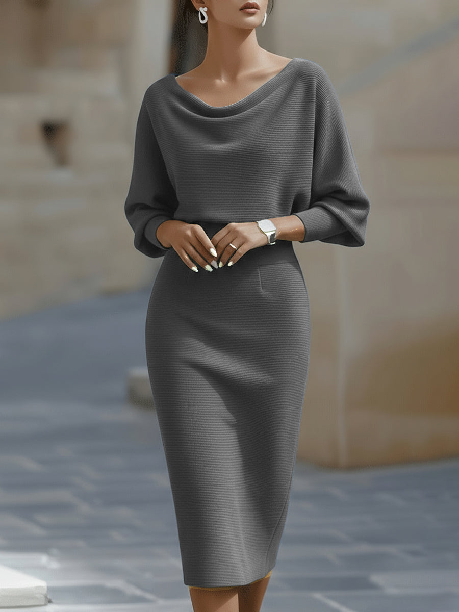 Women's Ribbed Knit Midi Dress with Cowl Neck and Back Slit